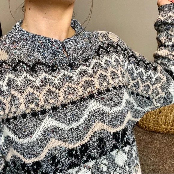 Vintage 80s Slouchy Fair Isle Funky Pattern Crochet Club Sweater - Picture 5 of 8